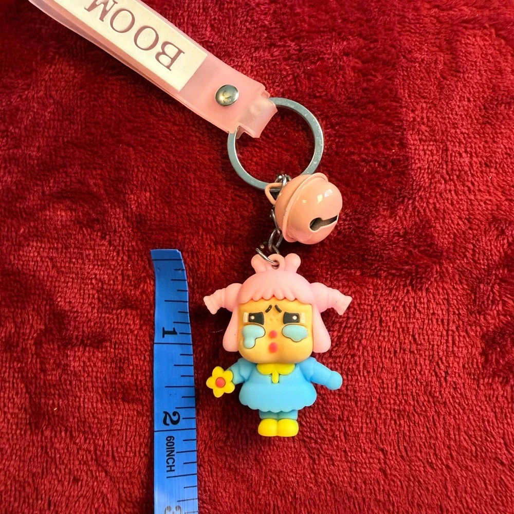 Crying Girl 3D PVC Keychain Pink Blue Character Charm with Bell and Boom Strap